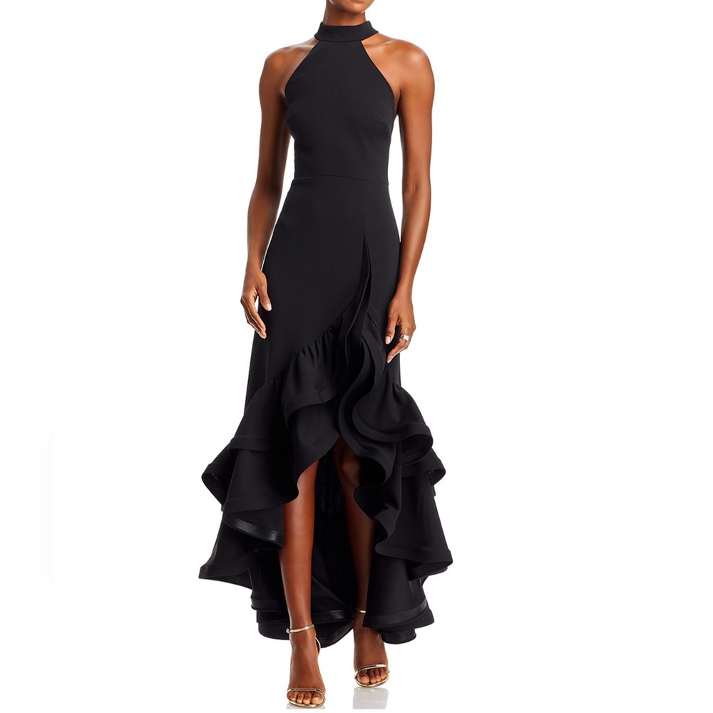 AQUA Racerback Ruffle Hem Gown